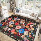 Washable Area Rug 8x10 Black/Brown, Large Soft Rugs for Living Room Floral Carpet 8x10 Area Rugs for Bedroom Dining Room Non-Slip Stain Resistant Under Table Rug (8 x 10, Black/Brown