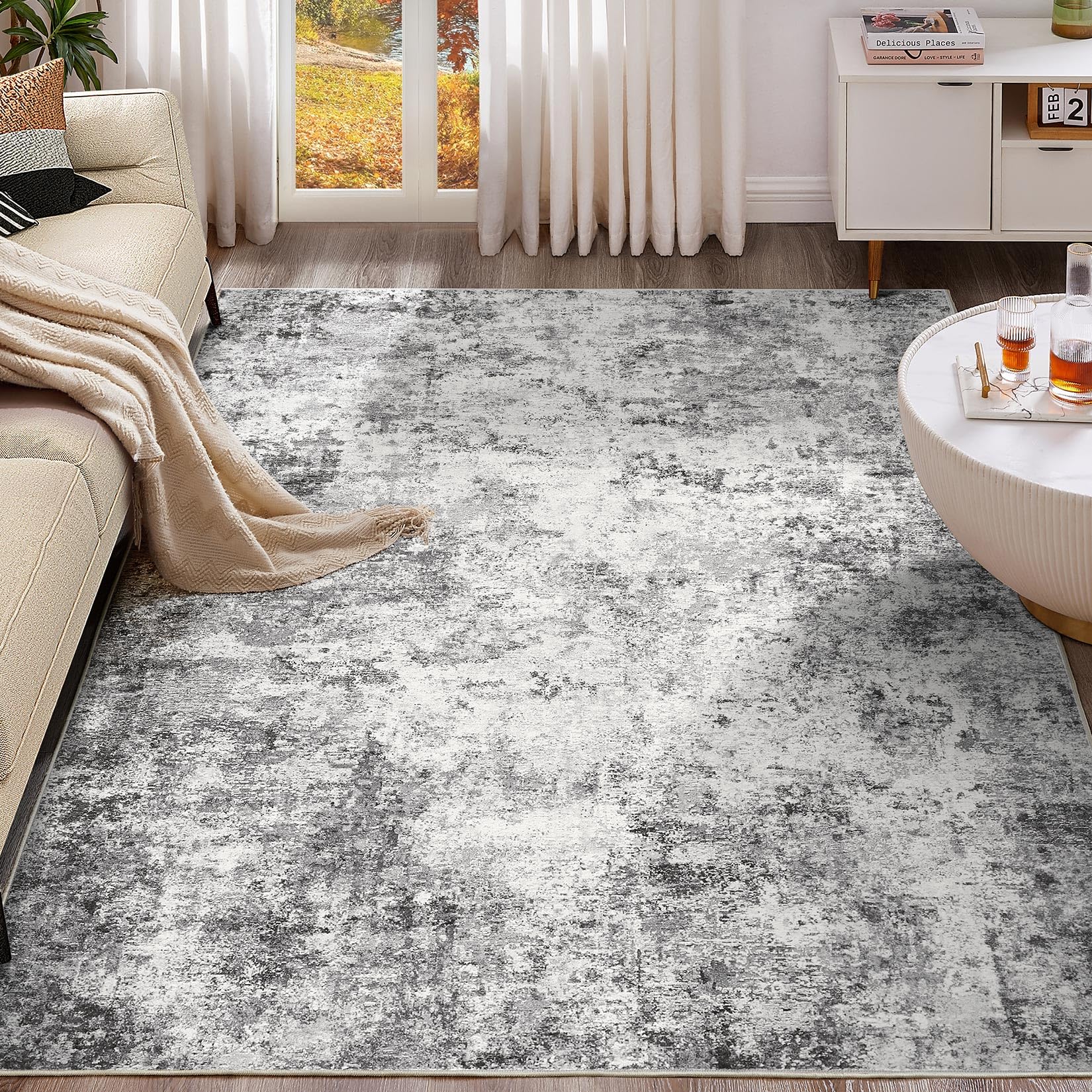 UERMEI 10x12 Area Rug Living Room Rugs - Washable Neutral Modern Abstract Soft Thin Large Rug Indoor Floor No Slip Rug Carpet for Bedroom Under Dining Table Home Office Decor - Grey