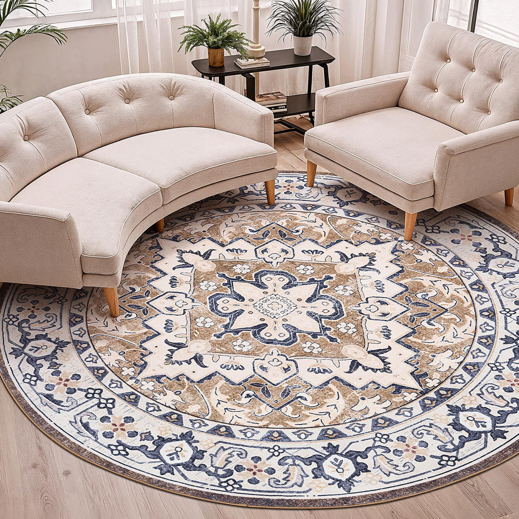 Lofus 6ft Round Area Rugs for Living Room, Vintage Boho Carpet Floral Brown
