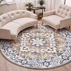 Lofus 6ft Round Area Rugs for Living Room, Vintage Boho Carpet Floral Brown