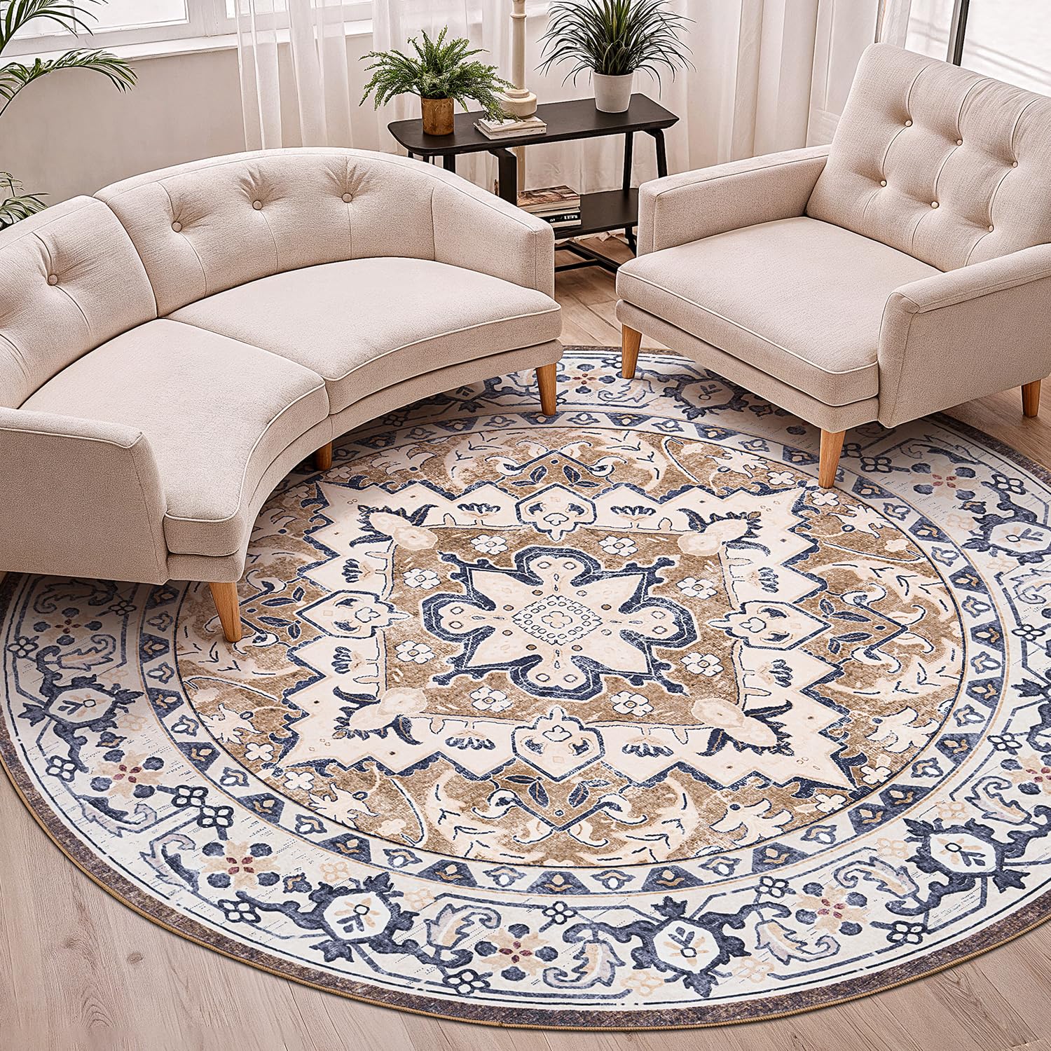 Lofus 6ft Round Area Rugs for Living Room, Vintage Boho Carpet Floral Brown