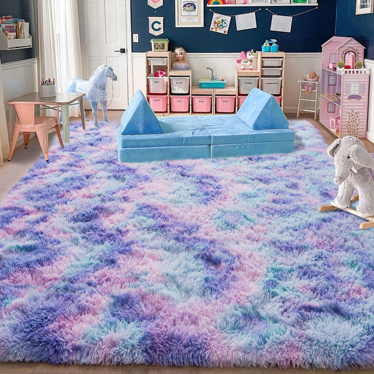 Quntue Rugs for Living Room 9x12, Soft Shaggy Modern Shag Area Rug for Bedroom, Upgrade Non-Slip Plush Fluffy Carpet for Kids Boys Girls Room Home Decor Aesthetic, Blue Grey