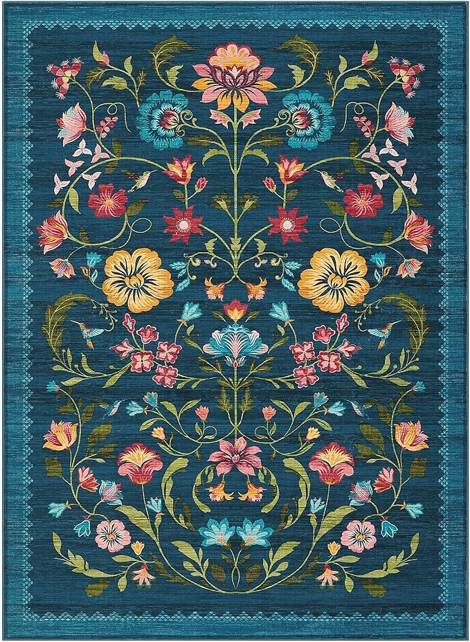 GarveeHome Washable Rug 8x10 Area Rugs for Living Room, Floral Rug for Bedroom, Soft Vintage Non Slip Throw Rugs with Rubber Back, Low Pile Stain Resistant Boho Floral Carpet for Dining Room, Blue