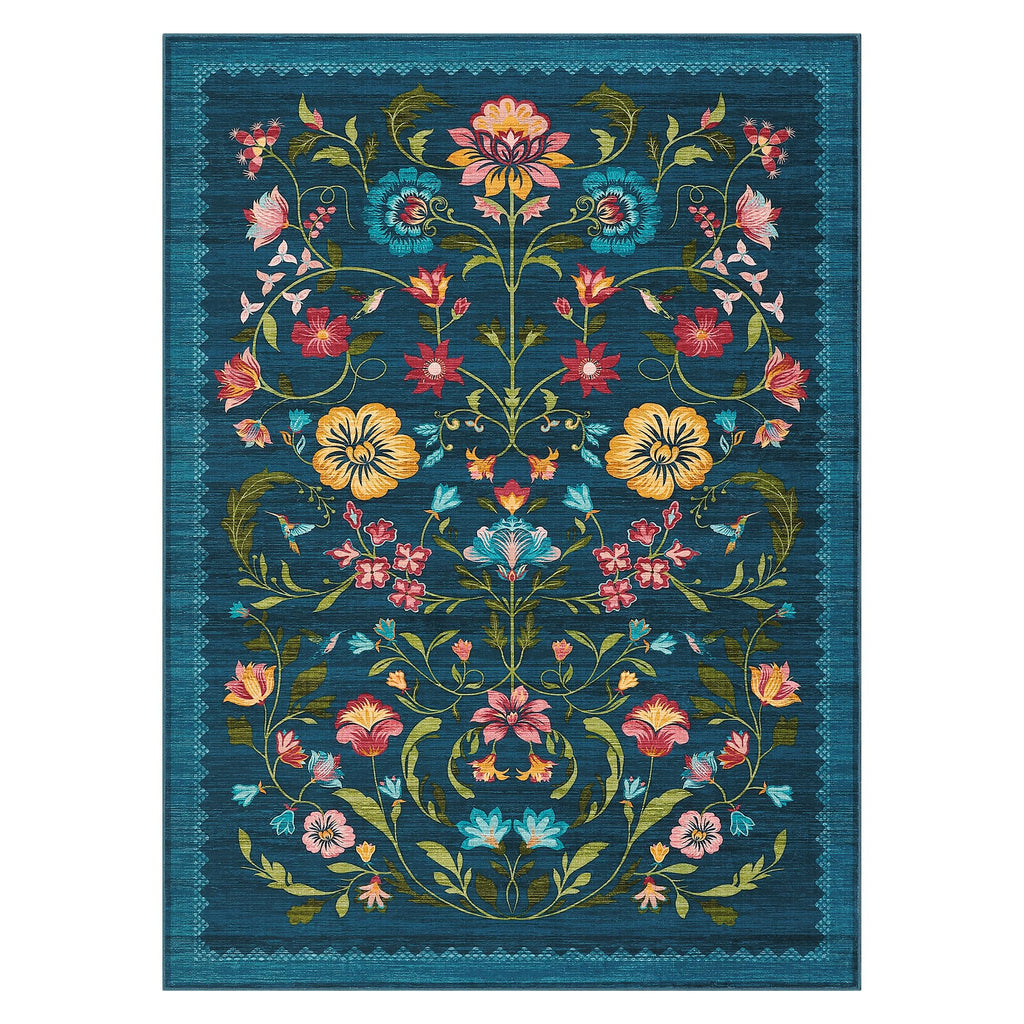 GarveeHome Washable Rug 8x10 Area Rugs for Living Room, Floral Rug for Bedroom, Soft Vintage Non Slip Throw Rugs with Rubber Back, Low Pile Stain Resistant Boho Floral Carpet for Dining Room, Blue