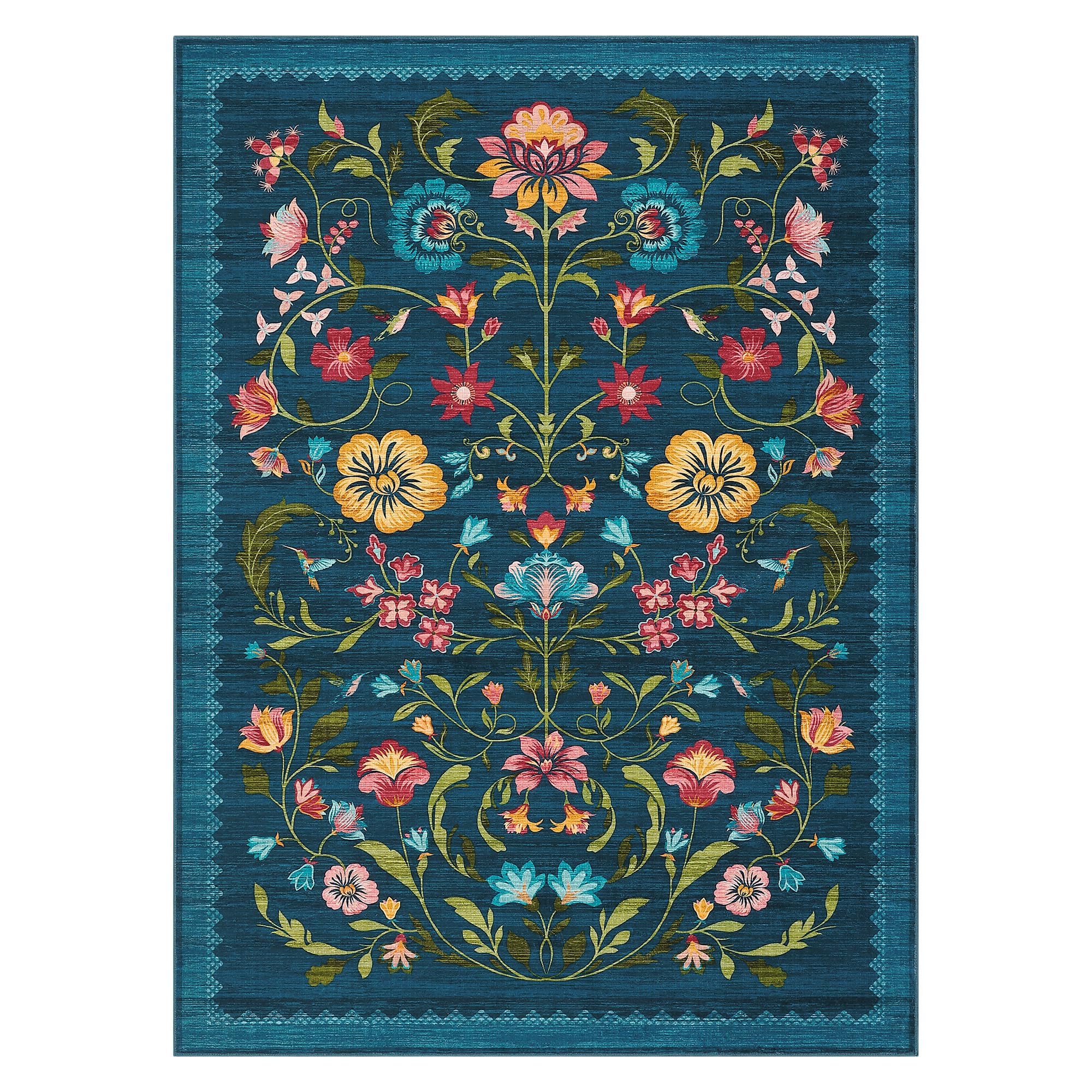 GarveeHome Washable Rug 8x10 Area Rugs for Living Room, Floral Rug for Bedroom, Soft Vintage Non Slip Throw Rugs with Rubber Back, Low Pile Stain Resistant Boho Floral Carpet for Dining Room, Blue