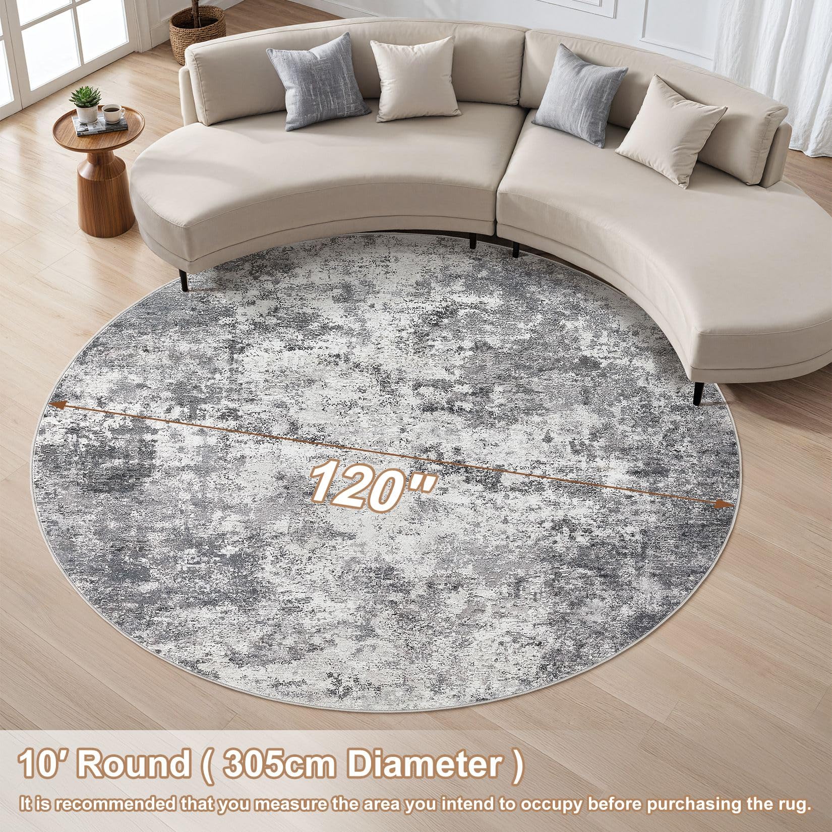 UERMEI 10ft Round Area Rug Living Room Rugs - 10x10 Washable Large Neutral Modern Abstract Soft Thin Rug Indoor Floor No Slip Rug Carpet for Bedroom Under Dining Table Home Office Decor - Grey