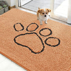 OLANLY Dog Door Mat for Muddy Paws 48x30, Paw Print Design, Absorbs Moisture and Dirt, Absorbent Non-Slip Washable Doormat, Quick Dry Chenille Mud Mat for Dogs, Entry Indoor Entryway Carpet, Orange