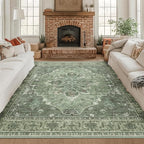 RELEANY Area Rugs Square 8ft Washable Non-Slip, Floral Vintage Distress Print Pattern Medallion Carpet for Living Room Bedroom Dining Room, Dark Green Gray