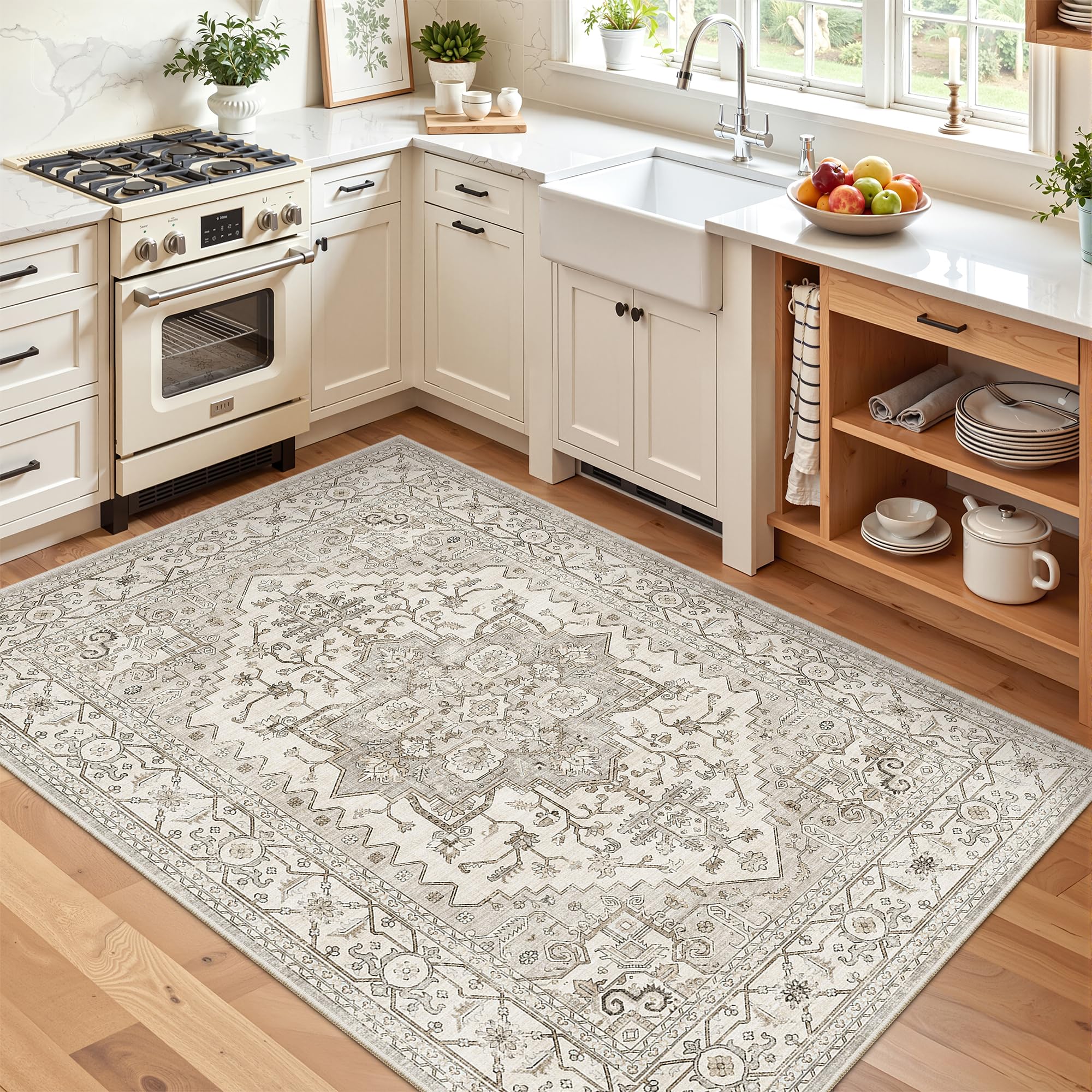 Madane Area Rug 4x6 Washable Rugs Vintage for Living Room, Beige/Brown