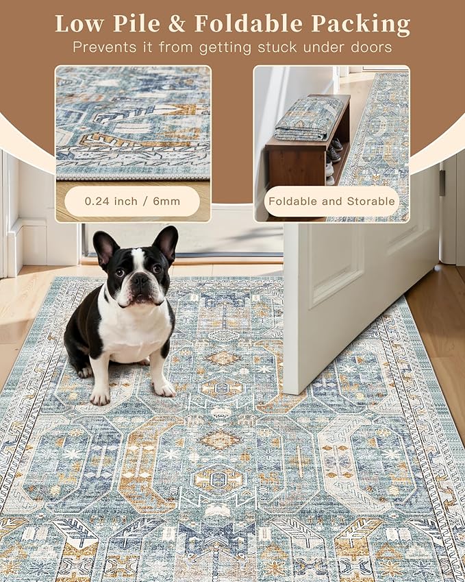 Madane Washable Area Rug 2x3, Small Entryway Rug Non-Slip Vintage Door Mat Indoor Entrance, Low Pile Floor Carpet for Inside Front Door Bedroom Kitchen Entry Laundry (2'x3', Blue/Gold)