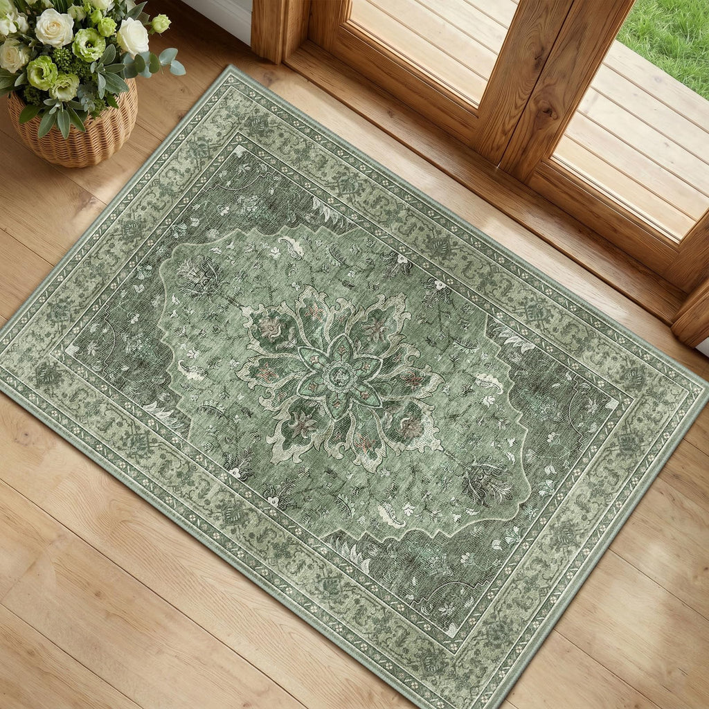 RELEANY Washable Area Rug, Small 2'x3', Green/Dark Green/Gray