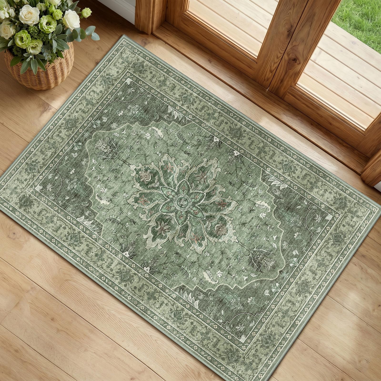 RELEANY Washable Area Rug, Small 2'x3', Green/Dark Green/Gray