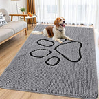 Smiry Dog Door Mat for Muddy Paws, Absorbent Dirt Trapper Non Slip Quick Dry Washable Chenille Mat for Mud Dogs, Entry Rug for Indoor and Outdoor (70x32 Inches, Grey and Black)