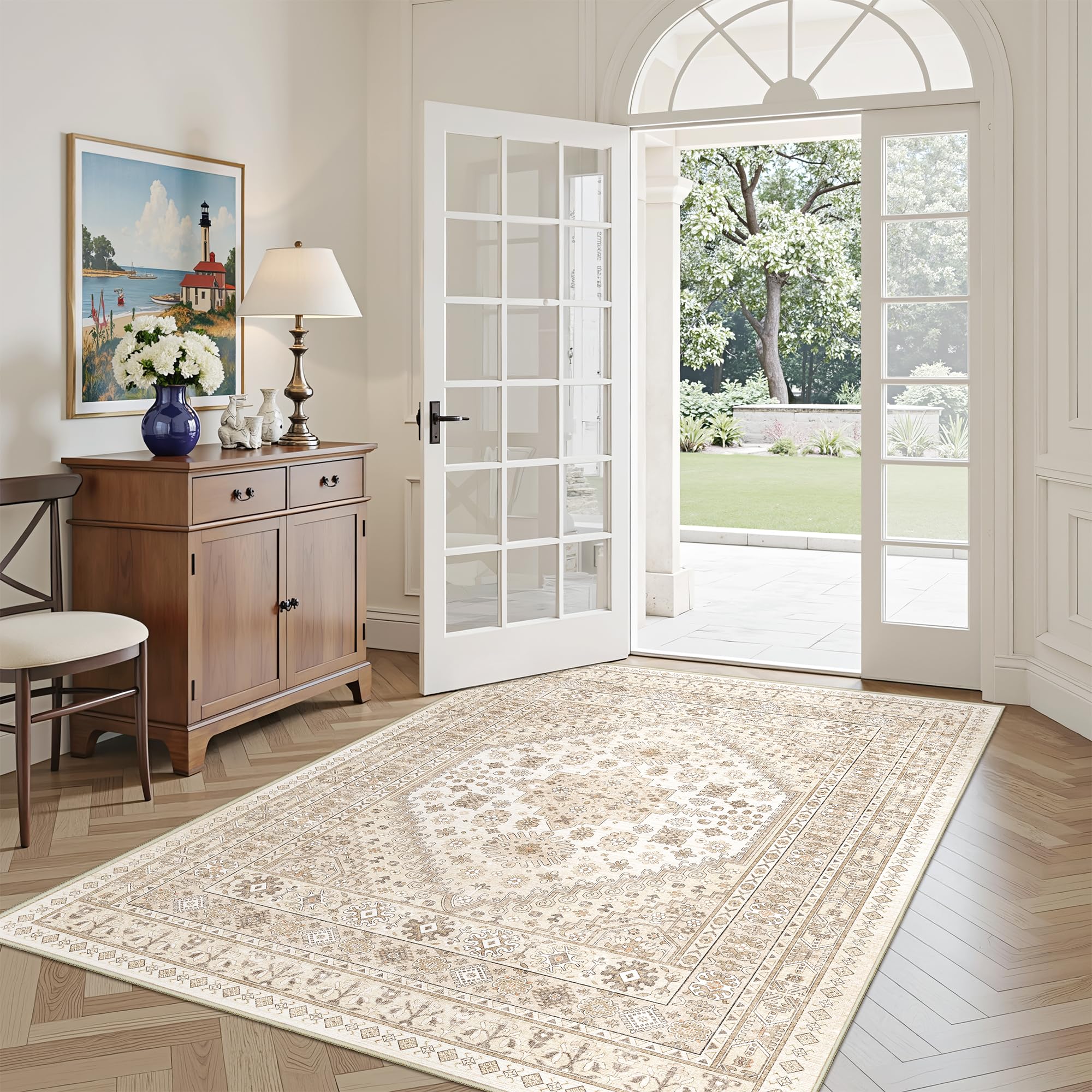 Restydon 3x5 Washable Area Rug for Entryway Non Slip Rugs, Cream/Beige