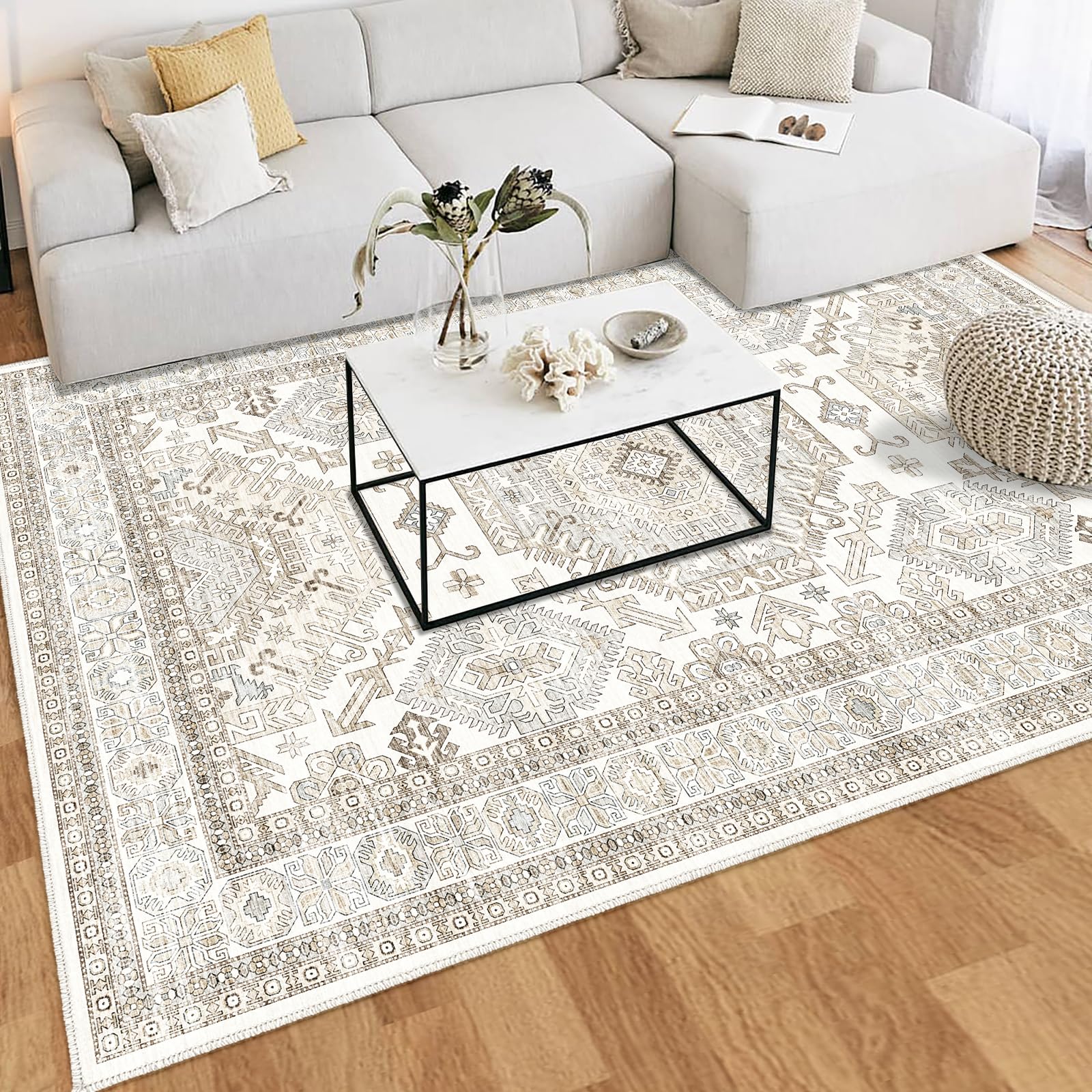 Area Rugs 8x10 for Living Room,Washable Boho 8x10 Area Rugs for Bedroom,Non Slip Carpet for Kitchen, Dining Room, Indoor, Kids Playroom Soft Low-Pile Rug, Thickness 0.2 Inches, Beige/Neutral