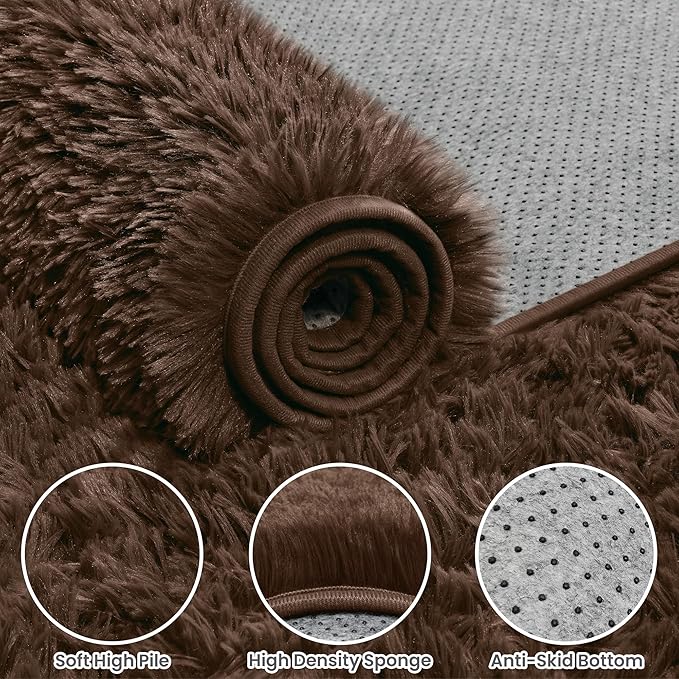 2x6 Fluffy Shag Area Rugs for Living Room Bedroom: Soft Plush Carpet Brown