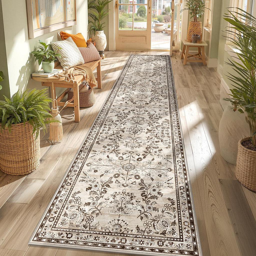 Yamaziot 2x10 Washable Hallway Runner Rug Non Slip Floral Carpet, Brown