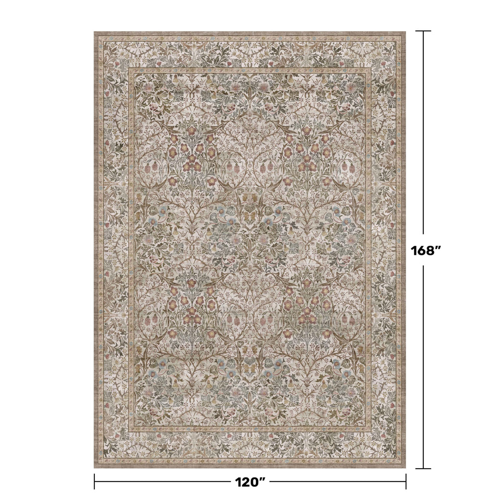 Washable 10x14 Living Room Rug - Moss Green Large Area Rug for Dining Room Under Table, Low Pile Non-Slip Floor Carpet for Bedroom Under Bed - Neutral Taupe Design & Stain Resistance