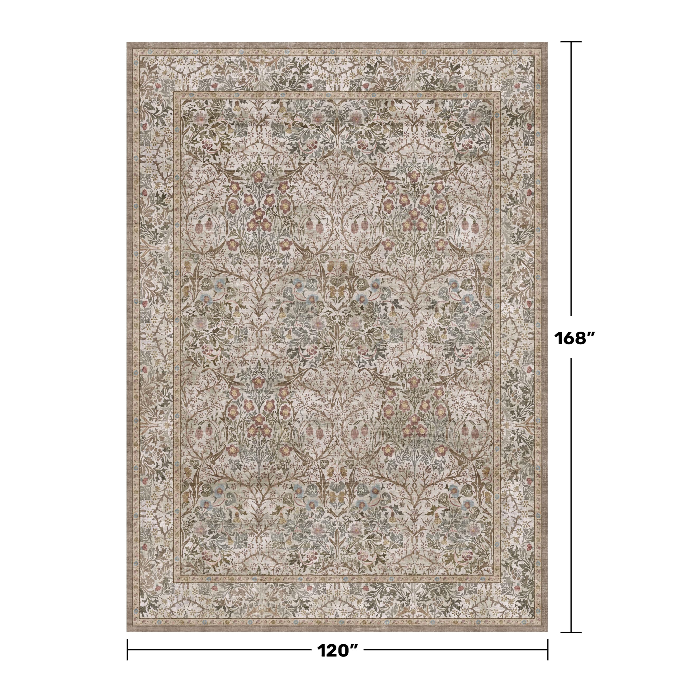 Washable 10x14 Living Room Rug - Moss Green Large Area Rug for Dining Room Under Table, Low Pile Non-Slip Floor Carpet for Bedroom Under Bed - Neutral Taupe Design & Stain Resistance