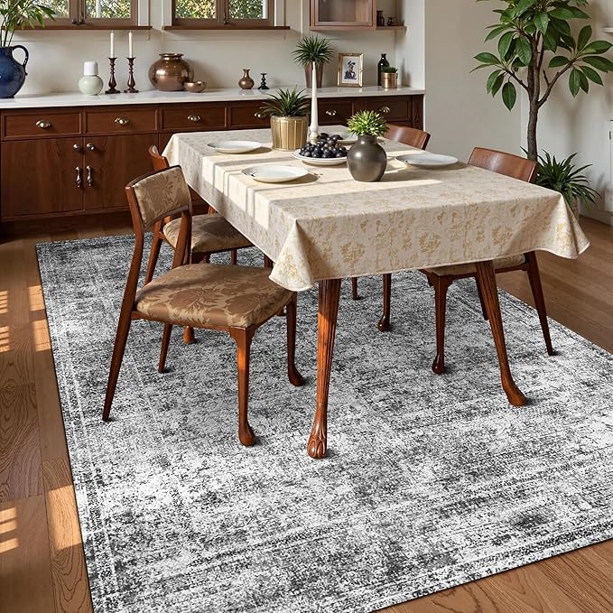 Washable Area Rug 6' x 9' Vintage Traditional Persian Mat - Foldable Distressed Non-Slip Machine Washable Carpet for Living Room Bedroom Kitchen Home Decor - Graphite and Mist