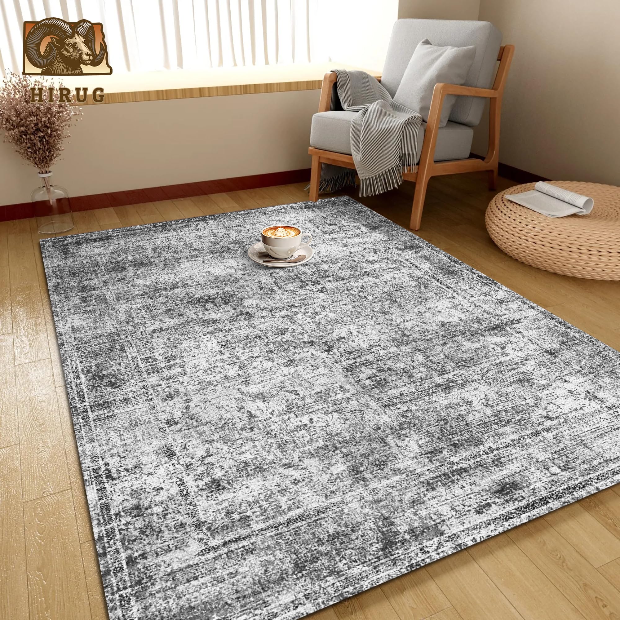 Washable Area Rug 5' x 7' Vintage Traditional Persian Mat - Foldable Distressed Non-Slip Machine Washable Carpet for Living Room Bedroom Kitchen Home Decor - Graphite and Mist