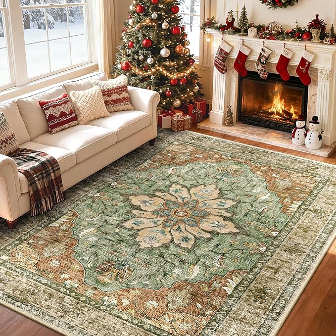 RELEANY Washable Area Rug, 7'x9', Brick/Brown/Green