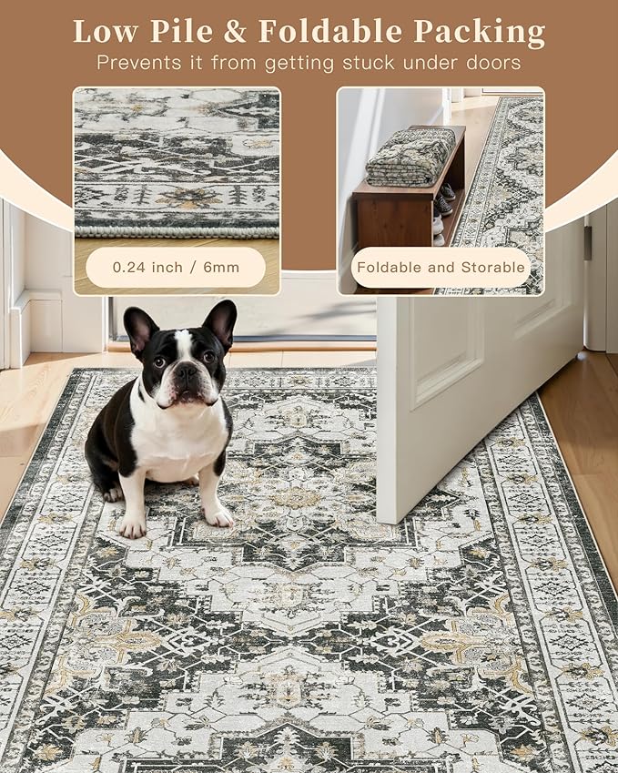 Madane Hallway Runner Rug 2'6''x10' Kitchen Runner, Non Slip Vintage Runners for Hallways Washable Kitchen Rugs Soft Low Pile 2.5x10 ft Rug Runner for Laundry Room, Entryway and Bedroom, Black