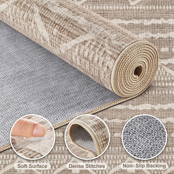 Nakagishi Area Rug Living Room Rugs: 2X6 Machine Washable Boho Large Neutral Farmhouse Stain Resistant Moroccan Indoor Floor Carpet for Bedroom Nursery Dorm Dining Room Home-Dark Brown