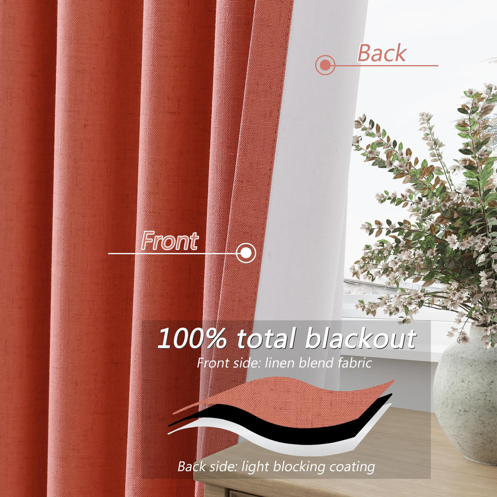 Guken Coral 100% Blackout Linen Curtains 108 Inch Length 2 Panels Set for Living Room Bedroom Back Tab Rod Pocket Thermal Insulated Farmhouse Black Out Drapes Room Darkening,52x108
