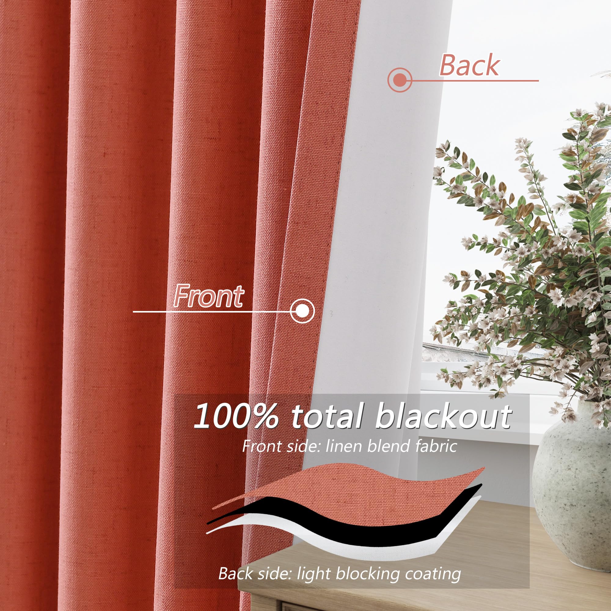 Guken Coral 100% Blackout Linen Curtains 108 Inch Length 2 Panels Set for Living Room Bedroom Back Tab Rod Pocket Thermal Insulated Farmhouse Black Out Drapes Room Darkening,52x108