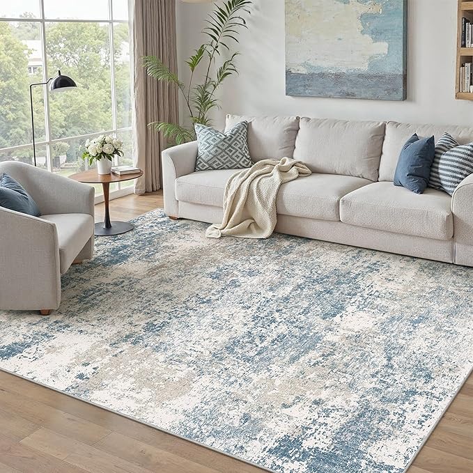 PureCozy Blue 6x9 Area Rug Washable Modern Abstract Living Room Carpet Non Slip Neutral Low Pile Soft Contemporary Aesthetic Bedroom Large Rug Indoor Office Dining Room Playroom
