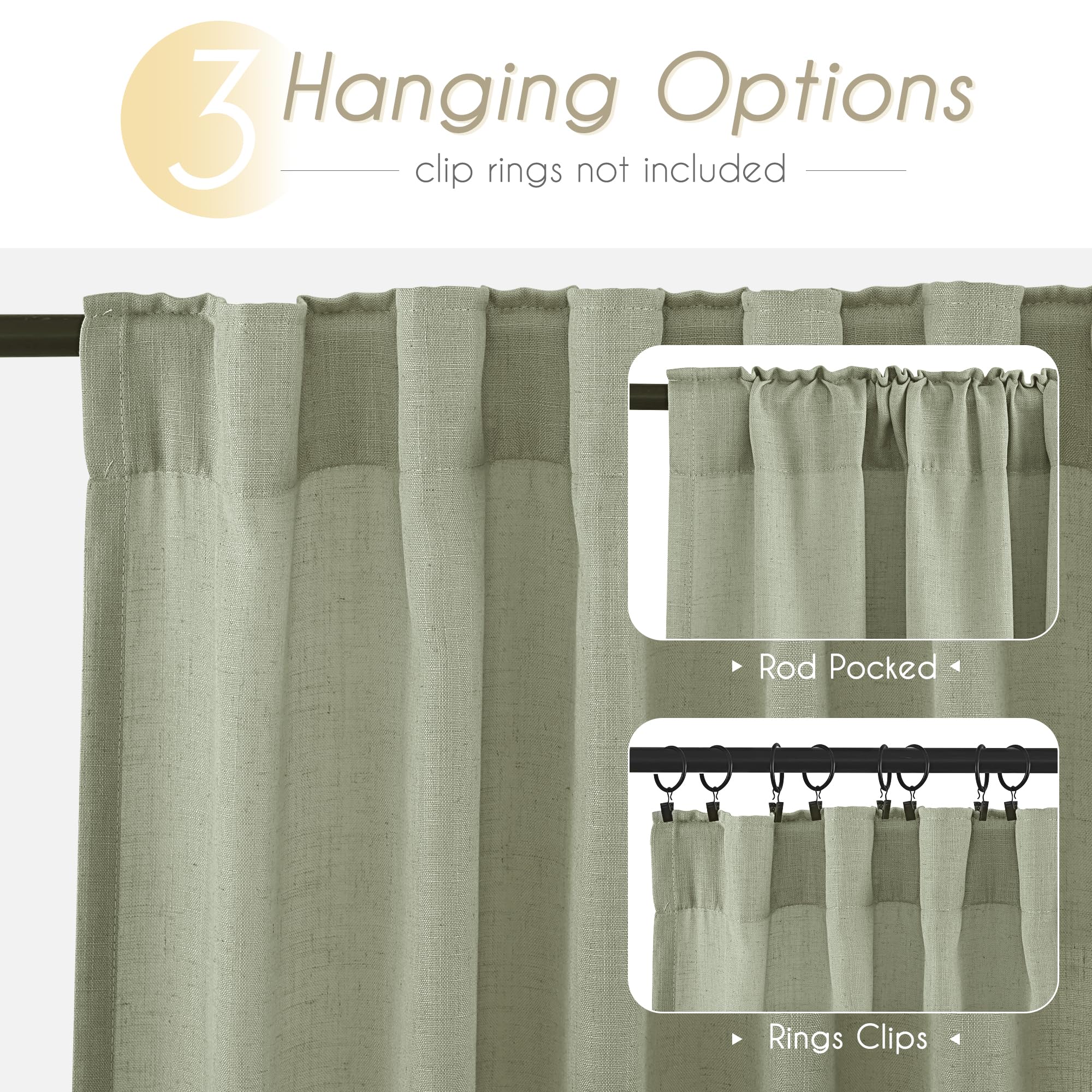 Linen Blend Sage Green Curtains 96 inch Length 2 Panels for Bedroom Back Tab Light Filtering Semi Sheer Drapes Linen Cotton Textured Light Green Airy Modern Farmhouse Living Room Sage Aesthetic Decor