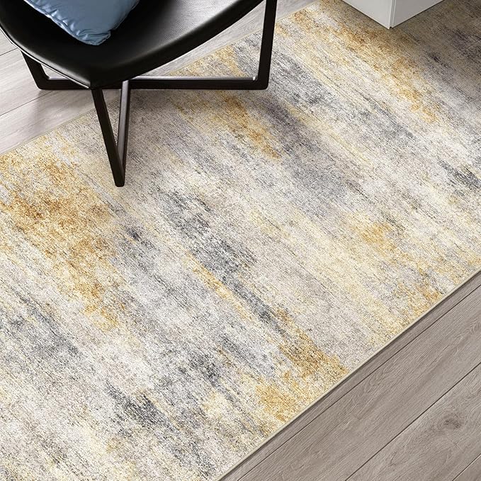 3x7 Runner Rug Washable Abstract: Non Slip Hallway Floor Mat Grey/Yellow