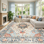 RELEANY Washable Area Rug, Large 10'x12', Beige/Blue/Orange