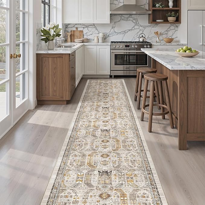 Madane Washable Runner Rugs 2x12 Long for Hallway Kitchen Soft, Brown/Gold