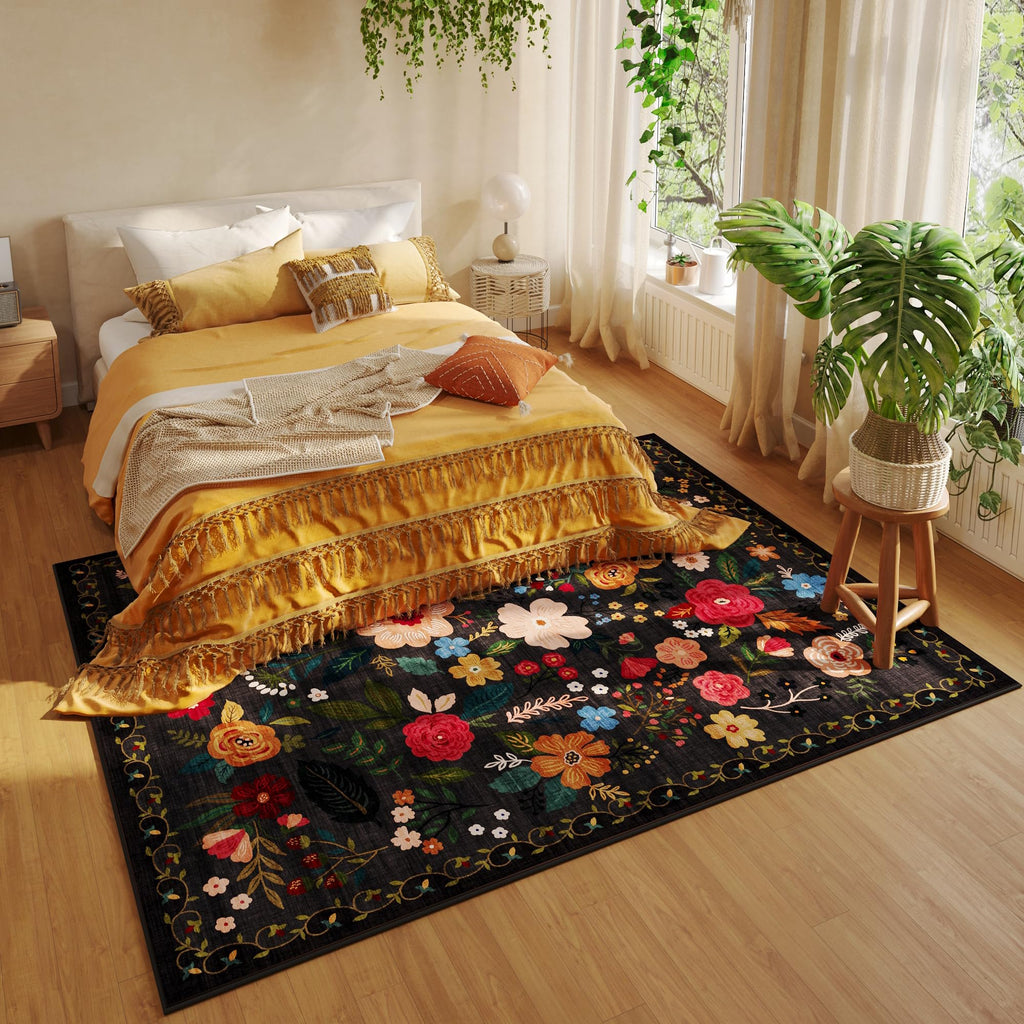 Rugcomf Area Rugs 9x12 Living Room Clearance Washable Boho Rug Non Slip Floral Vintage Low Pile Large Rug for Living Room, Bedroom, Farmhouse, Dining Room, Kids Playroom(Black)