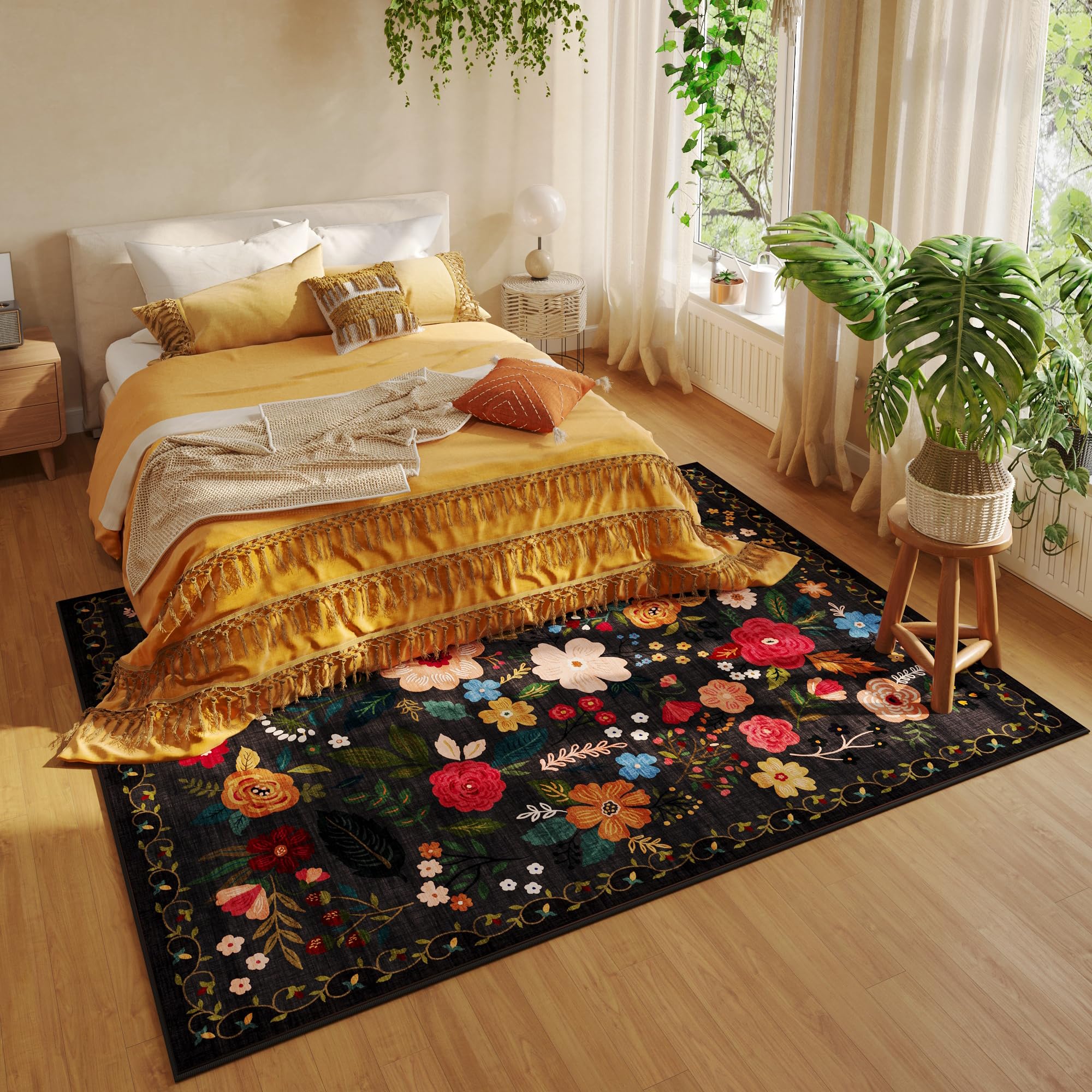 Rugcomf Area Rugs 9x12 Living Room Clearance Washable Boho Rug Non Slip Floral Vintage Low Pile Large Rug for Living Room, Bedroom, Farmhouse, Dining Room, Kids Playroom(Black)