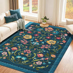 GarveeHome Washable Rug 4x6 Area Rugs for Living Room, Floral Rug for Bedroom, Soft Boho Non Slip Throw Rugs with Rubber Back, Low Pile Stain Resistant Vintage Floral Carpet for Dining Room, Blue