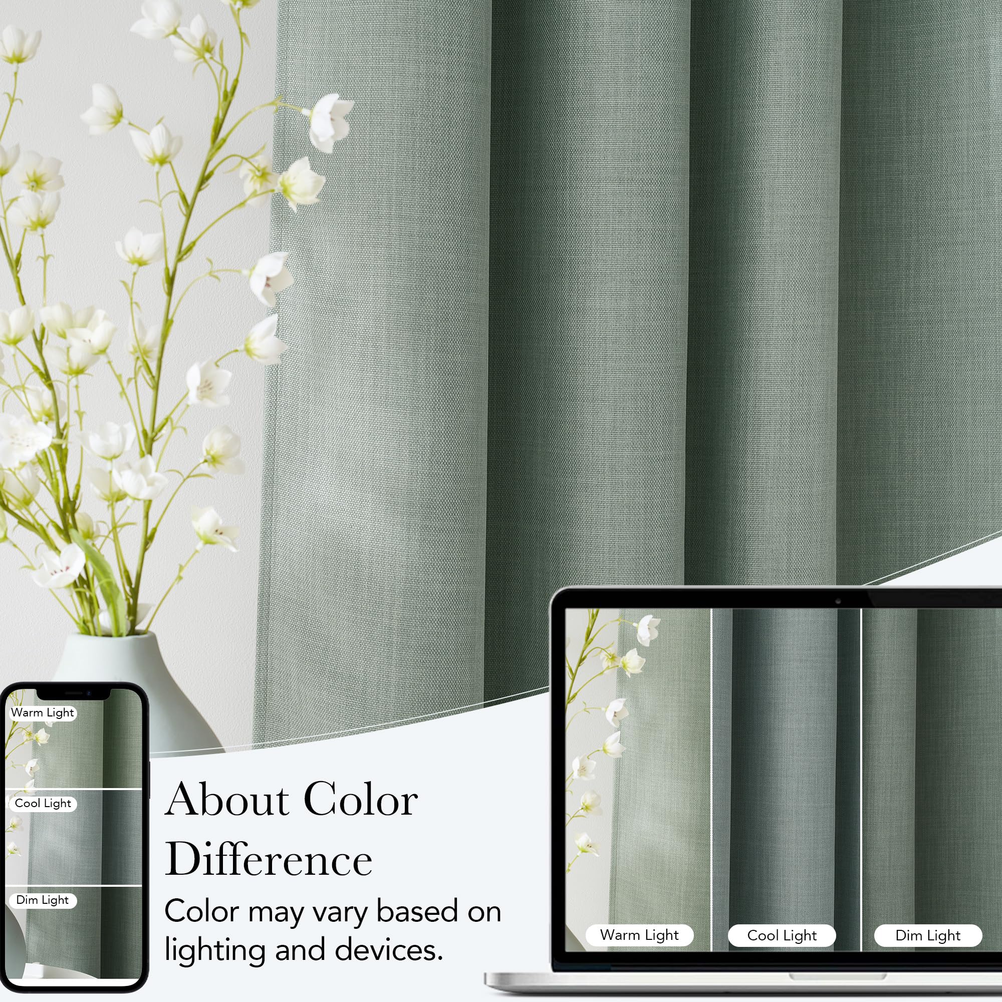 NICETOWN Sage Green Faux Linen Room Darkening Rod Pocket Curtains 63 inch Length, W42 x L63, Light Blocking Thermal Insulated Noise Reducing Drapes for Bedroom Living Room Farmhouse Decor, 2 Panels