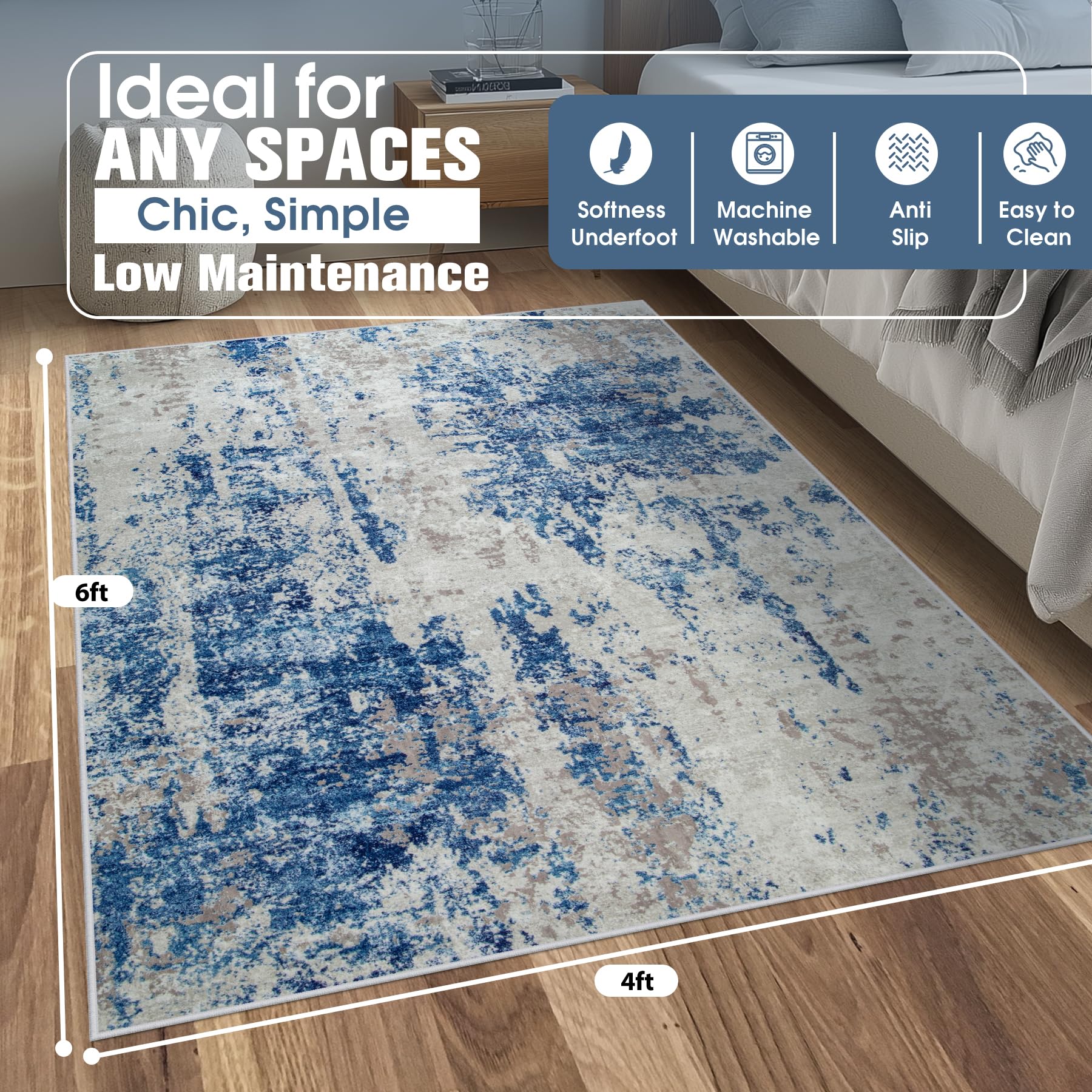 4x6 Area Rugs for Living Room Washable Bedroom Dining Room Blue Grey White