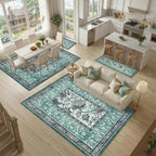 GarveeHome Teal 8x10 Area Rugs for Living Room, Botanical Grove Cottagecore Washable Rug for Bedroom Dining Nursery Low-Pile Vintage Large Carpet