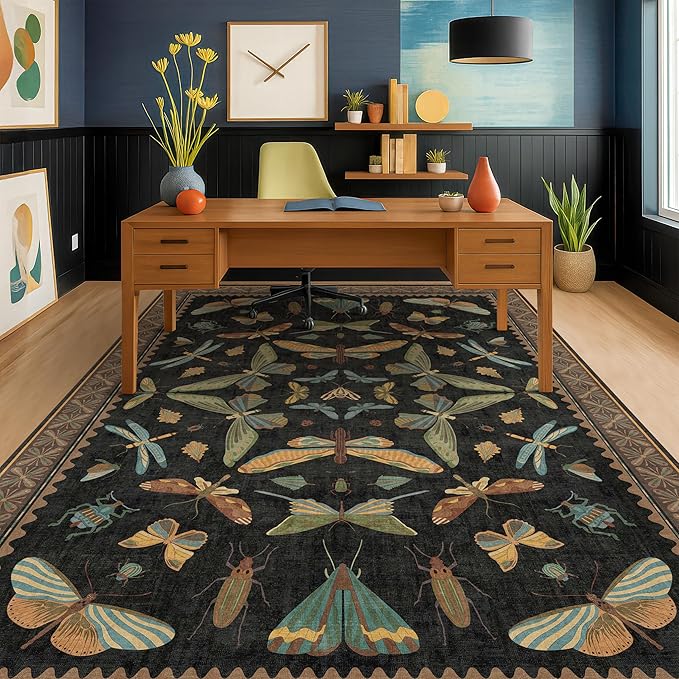 Hazo Haus Living Room Rug Black Boho 6x9 - Dining Room Rugs for Under Table, Bedroom, Insect Bug Eclectic Home Décor, Washable Non Slip Foldable