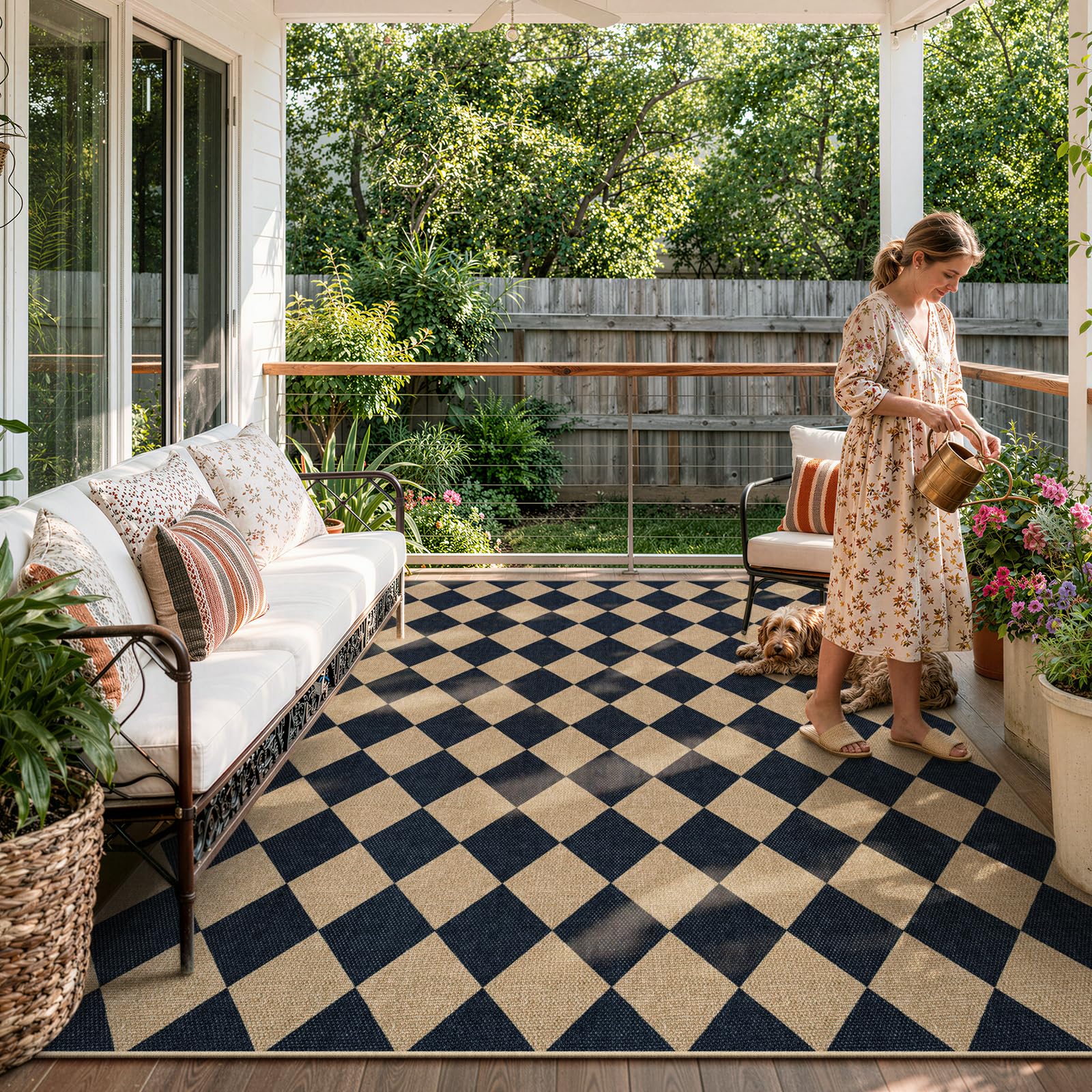 Lahome Checkered Easy Jute Outdoor Patio Rug, 8x10 Living Room Rug Washable