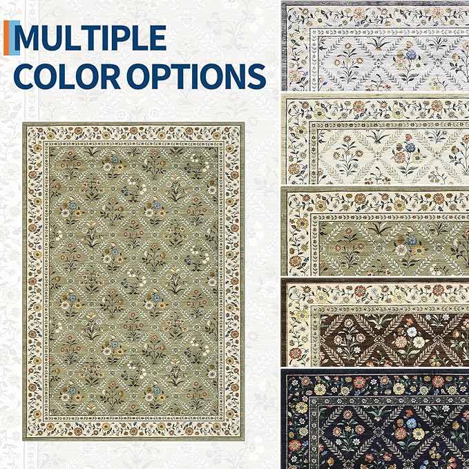 GarveeHome 8x10 Washable Large Living Room Rug Water Resistant Distressed Vintage Floral Rug Non Slip Low Pile Soft for Bedroom Farmhouse Dining Room Kids Playroom Nursery Green