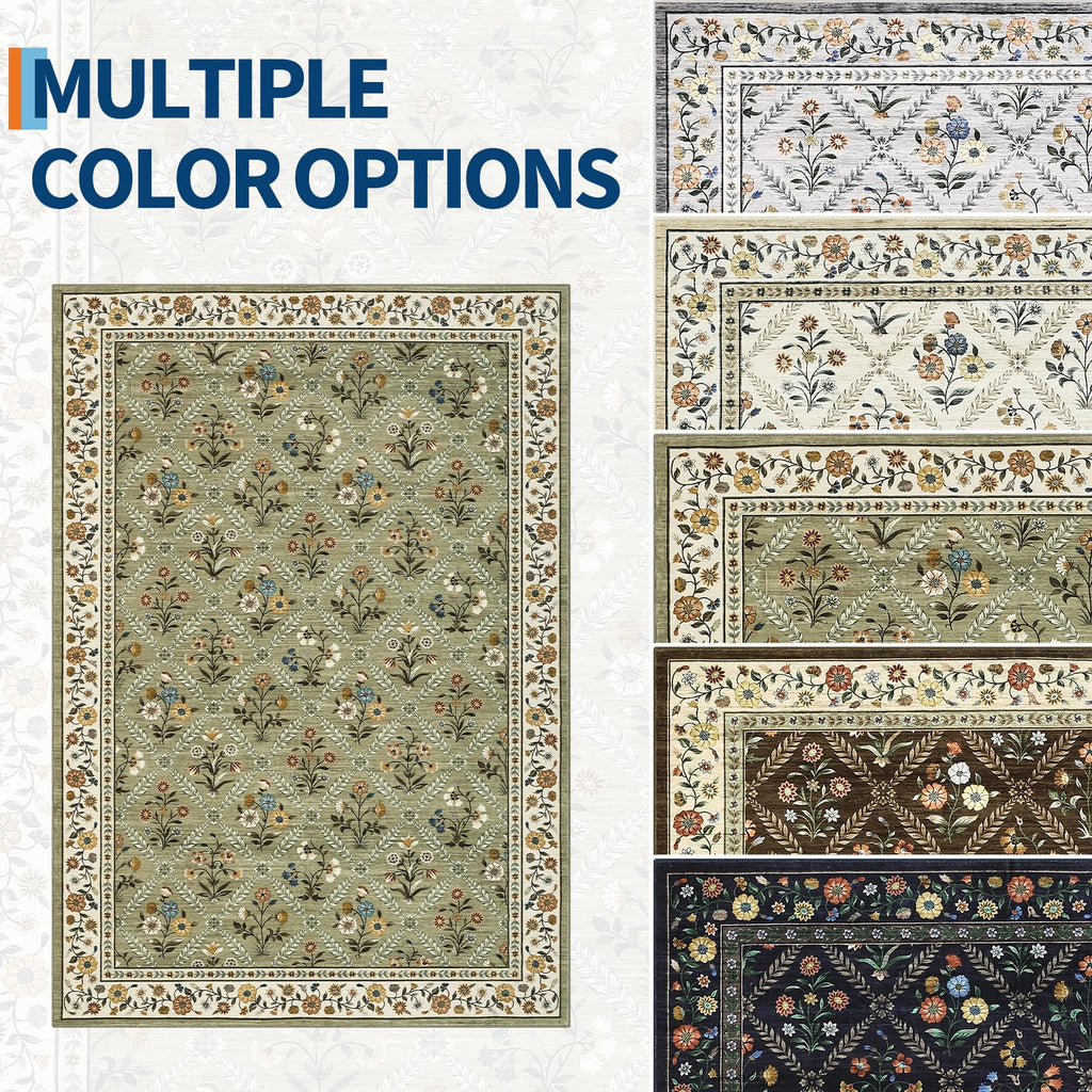 GarveeHome Large Entryway Rug 3x5 Floral Washable Area Rugs Vintage Soft Non-Slip Small Floor Carpet Doormat Stain Resistant Low-Pile Ultra-Thin Entry Mat for Bedside Kitchen Green