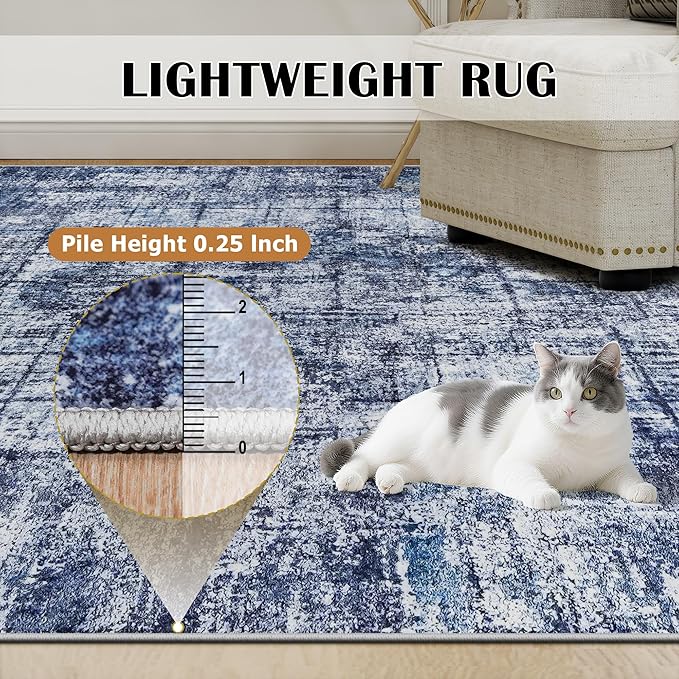 8x10 Washable Area Rug for Living Room Bedroom: Non-Slip Modern Navy Blue
