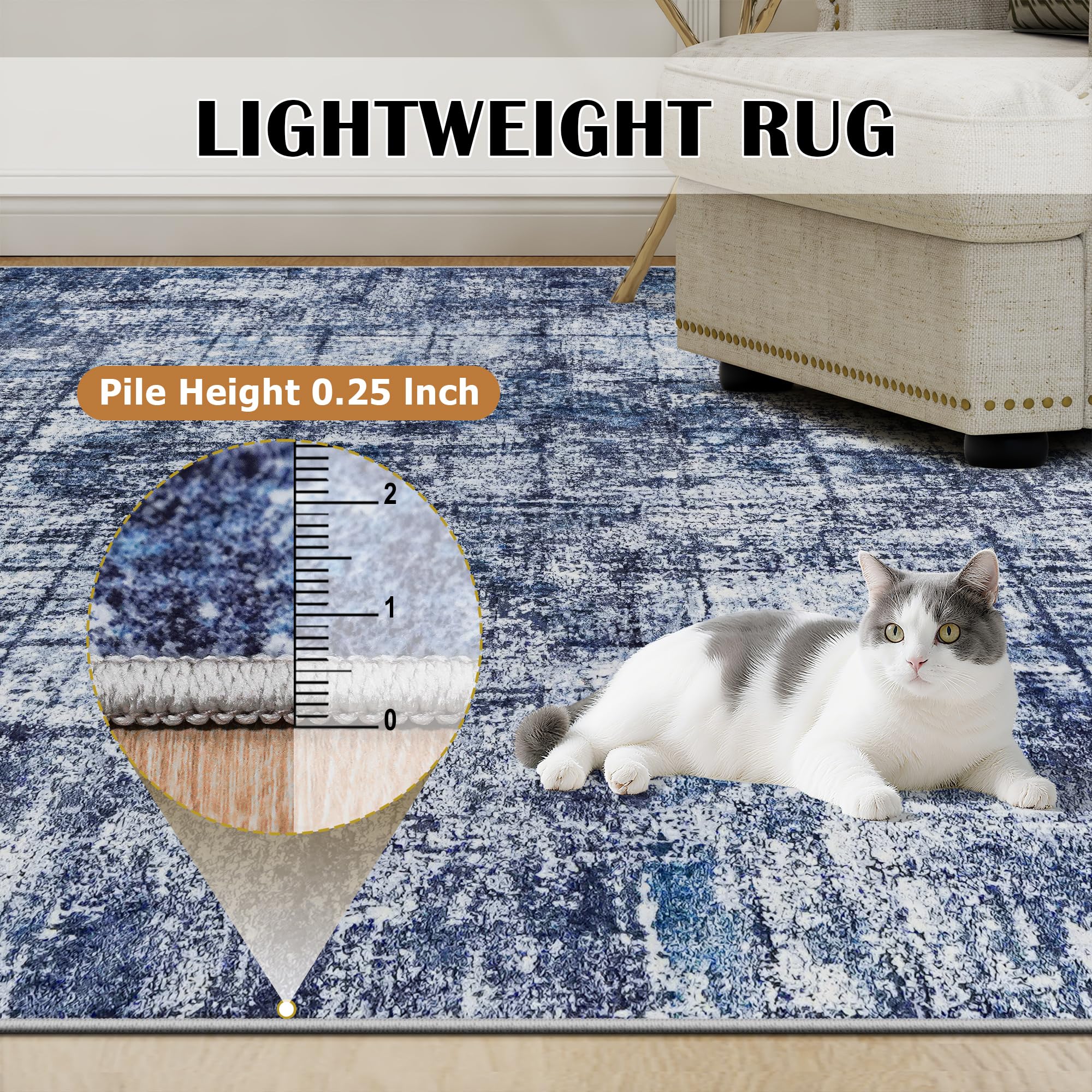 8x10 Washable Area Rug for Living Room Bedroom: Non-Slip Modern Navy Blue