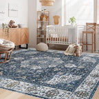 Area Rug 6x9 Washable Rug, Vintage Boho Medallion Rugs Non-Slip Soft Low Pile Large Distressed Rug Indoor Retro Carpet for Living Room Bedroom Dining Room Home Office (Vintage Blue, 6'x9')
