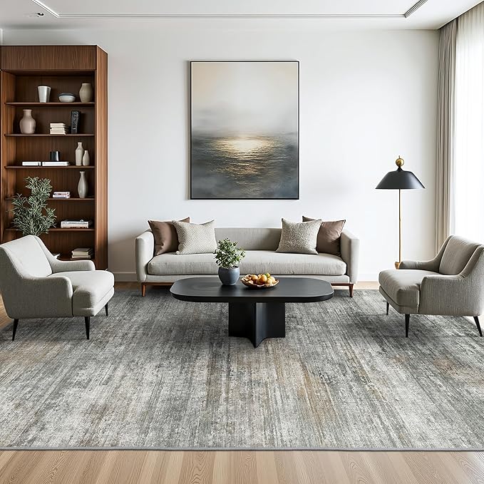 Area Rugs 4x6 for Living Room Bedroom, Modern Abstract Machine Washable Rug, Large Soft Low Pile Floor Cover with Non Slip Backing for Dining Room, Ash Gray Brown