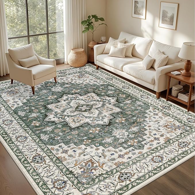 ExpediX 6x9 Area Rugs Living Room: Washable Rug for Bedroom Green Ivory